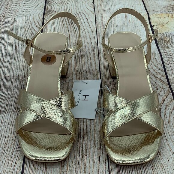 Halston Metallic Gold Snakeskin Strappy Heels - Picture 5 of 12